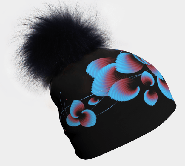 Beautiful floral pattern bamboo hat "Blue Flowers" with removable fur pom illustrated by the artist Zaire for Lalita's Art Shop. 