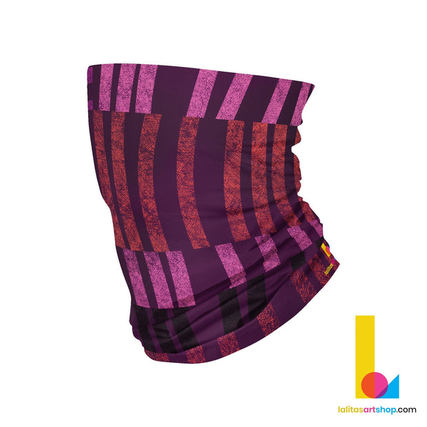 Multi-use bandana / neckwear Waves by Lalita's art Shop and illustrated by Valery Goulet. Abstract lined purple, pink, red and black pattern. 