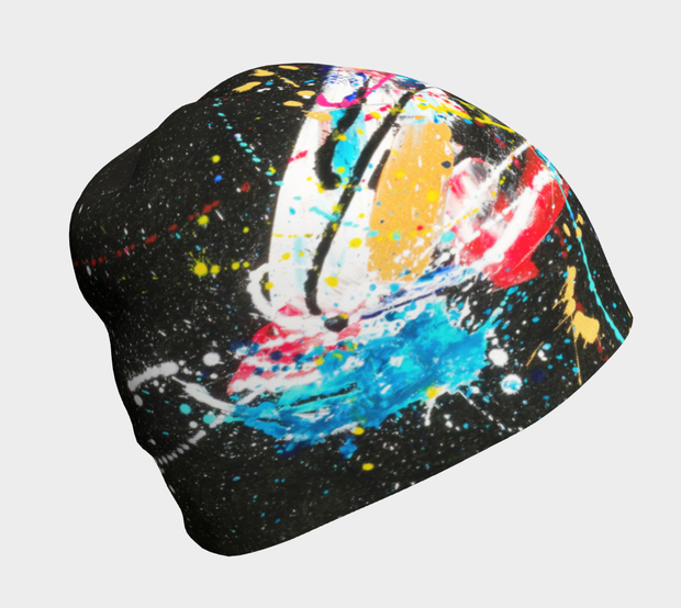 Left side view of the colourful and abstarct Cheval Noir beanie hat for adult and kids