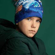 Boy with the blue, whithe, orange and yellow abstract patterned beanie ! The perfect hat for a Green, yellow ( mustard) or orange Jacket. 