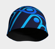 Front picture of the black and blue Mechanic bamboo beanie designed by the artist Zaire. Perfect beanie for the whole family and sports activities.
