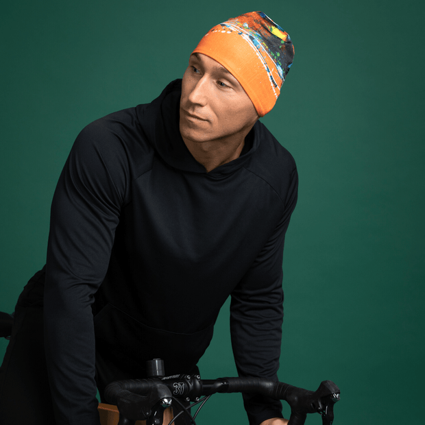 Men cycling bamboo hat. This orange abstract patterned toque will add colours to any outfits!