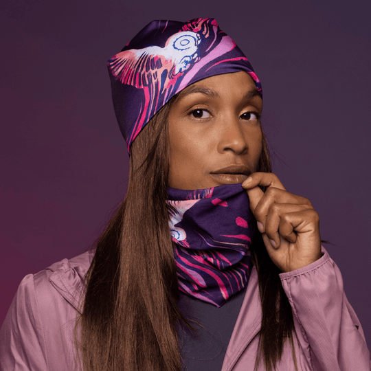 Woman wearing the Magenta Owl Beanie by Julie Rocheleau for the Lalita&
