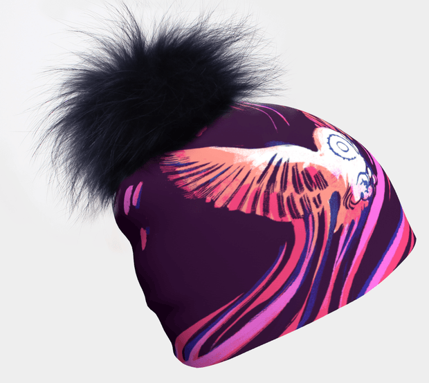 Owl Magenta Beanie With Navy Pompom