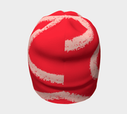 Back view of the red and peach beanie
