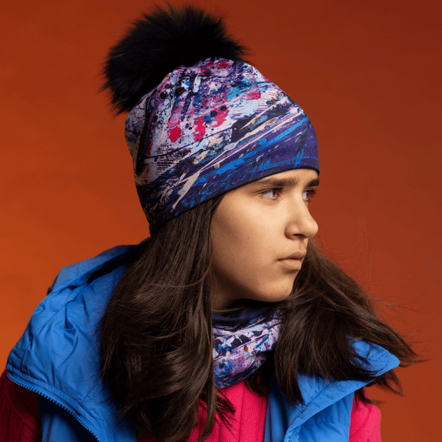 Teenager girl wearing the warm Purple Cosmic Fleece tube for Lalita's Art Shop