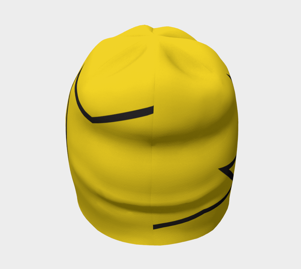 Back view of Lalita's Art Shop Broken line Grow-with-me beanie is the perfect hat to wear season after season and under your helmet. This Yellow and black tuque is breathable with its bamboo lining and super comfortable