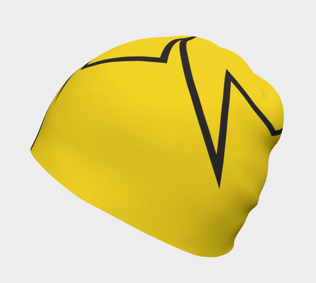Side view of Lalita's Art Shop Broken line Grow-with-me beanie is the perfect hat to wear season after season and under your helmet. This Yellow and black tuque is breathable with its bamboo lining and super comfortable