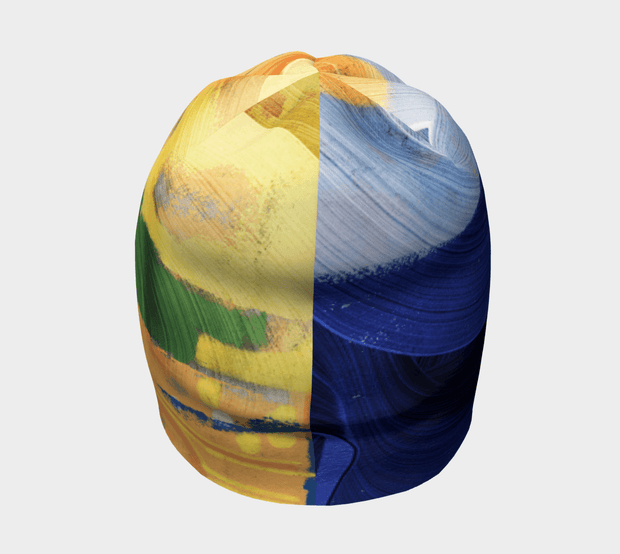  Back photo of the Yellow and Blue hat created by the street artist Ankhone. Ultra stretchy and breathable bamboo hat, it fits all the family. Ideal gift for sportsman